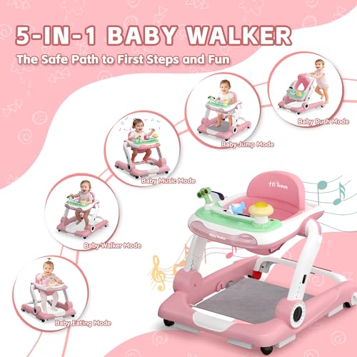 baby walker with wheels 5 in 1 walker for baby boy girl 6-12 months with bouncer music and lights baby jumper activity center adjustable height speed push walker for ages 6-18 months toddler