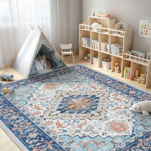 Lofus 6x9 Area Rugs for Living Room, Washable Area Rug, Rugs for Bedroom, Kitchen, Vintage Boho Carpet, Soft Non-Slip, Low Pile Large Area Rug for Office Dining Room, Floral Blue