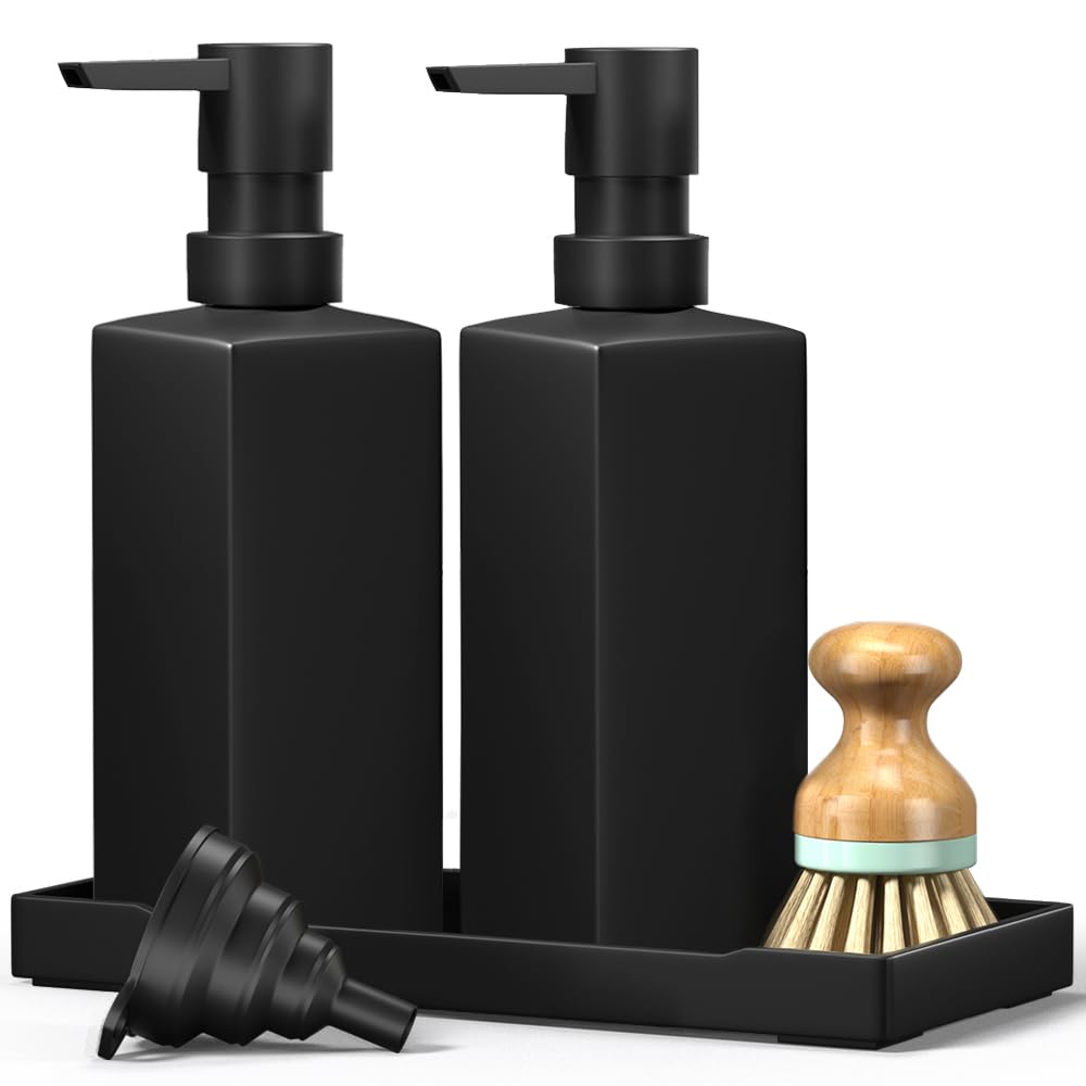 Moryimi Kitchen Soap Dispenser Set with Tray, 12 oz Hand and Dish Soap Dispenser for Kitchen Sink, Kitchen Dish Soap Dispenser Set with Bamboo Dish Brush, Matte Black Soap Dispenser Bathroom