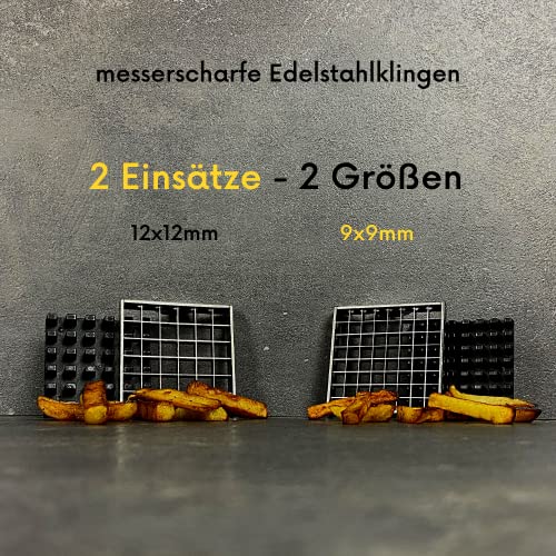 Foto von Topcroft Pommesschneider Edelstahl, 2 Schneidegrößen für individuelle Pommesdicke, Rutschfester Gummifuß, Gemüseschneider für einfachen & gesunden Pommesgenuss, Pommespresse, Frittenschneider