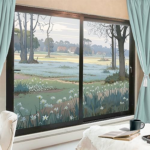 Field of Wildflowers Stained Glass Window Film Sparse Trees Village Privacy Window Film Glass Door Covering Non-Adhesive Window Stickers for Room Kitchen 17.7Wx23.6L-inch x2 Pcs