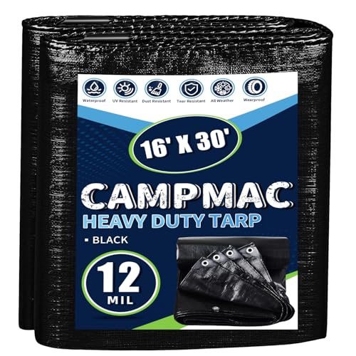 CAMPMAC Black Tarps Heavy Duty Waterproof 16x30 12 Mil Thick High Durability Rip and Tear Resistant with Metal Grommets Every 20 Inches