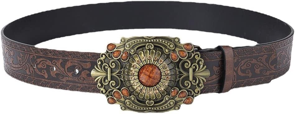 Versatile Fashion Belt Retro Bronze Embossed Ethnic Style Leather Belt Big Buckle Metal Western Embossed Leather Waist Belt Causal Golf Pants Polo Shirts Matching Floral Engraved Buckle Belt2