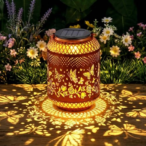 Lanterne solaire en forme de papillon pour extérieur, IP44, étanche, en métal creux, avec poignée, pour terrasse, pelouse, jardin, chemins de cour, cadeaux...