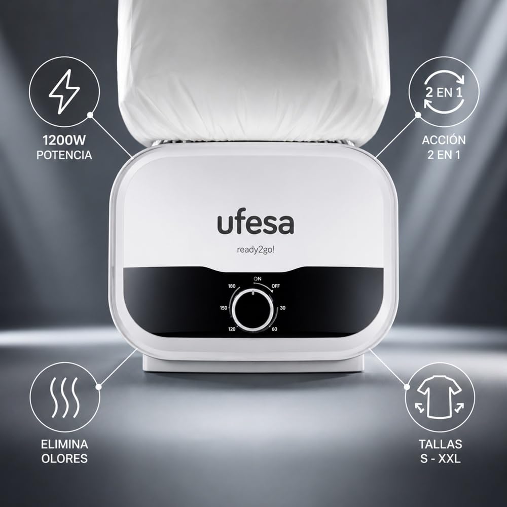 Ufesa Maniquí 2 en 1 SV1200, planchado y secado automáticos, 1200 W, elimina las arrugas, desodoriza y neutraliza los olores, temporizador de 3 horas, tallas S a XXL