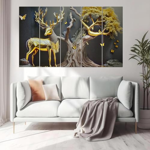 Image of Maxstone Goldan Deer Wall Painting Vastu Painting For Living Room,bedroom,Office Wall Painting Multiple Panals,Big Size Set of-5 (30x60 inch) M1386