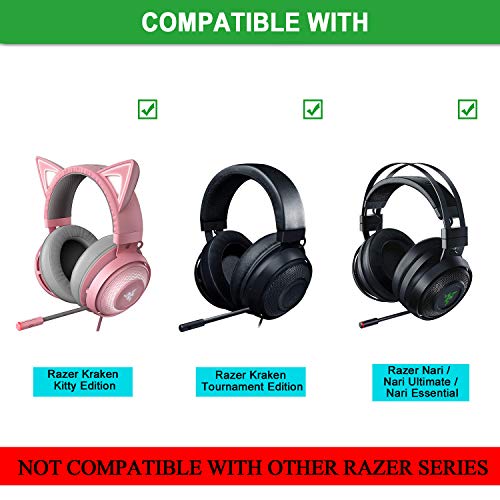 Repuestos para almohadillas de auriculares con cuero proteico y espuma de memoria para Razer Nari, Ultimate, Essential, Kraken Kitty, Kraken Tournament Edition - Ovalado (Negro) miniatura 2