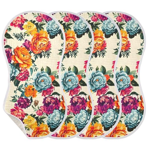 MCHIVER Floral Peony Blossom Beige Baby Burp Cloths Cotton Washcloths Soft Absorbent Burping Rags for Baby Boys Girl Burpy Cloth Bib 4 Pack3
