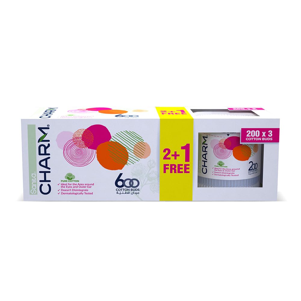 Sanita Charm 100% Cotton Buds, 600 (200X2+1) Buds