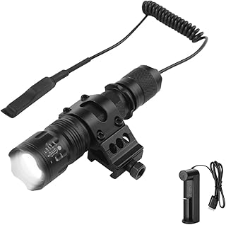 Tactical Torch, 1200 Lumens High Powered Rechargeable Airsoft Flashlight with Pressure Switch Waterproof Hunting Light with Rail Mount Zoomable & 5 Modes(Battery & Charger Included)