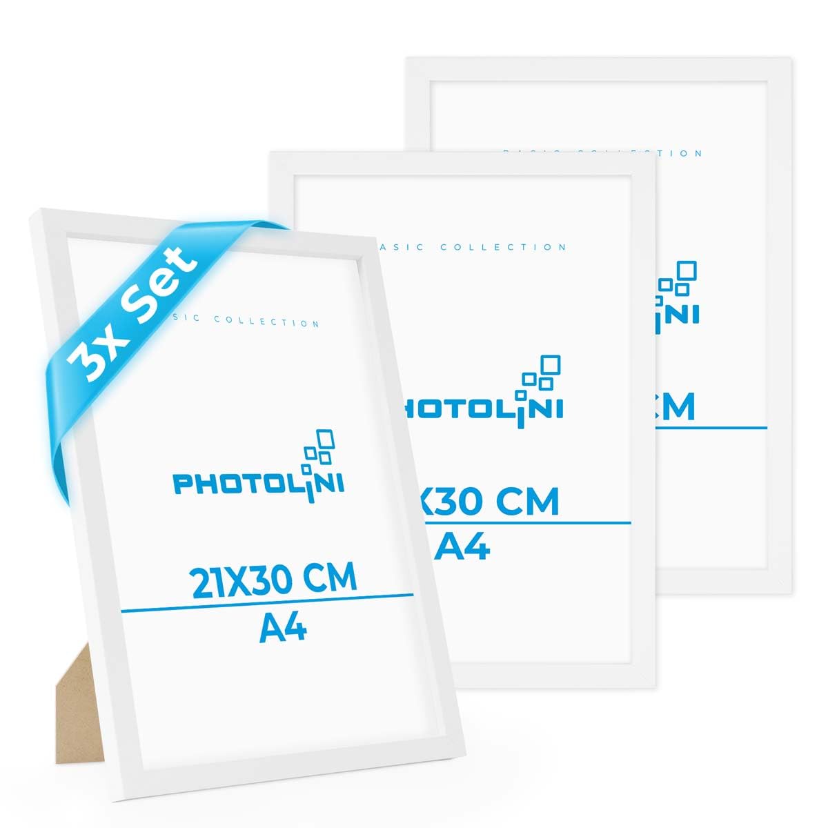PHOTOLINI Marcos A4 21x30 cm Blanco Madera MDF, Set de 3 Marcos para pósteres, Cristal acrílico, para Colgar y Poner de pie, Incluye Accesorios - para Fotos, láminas y pósteres
