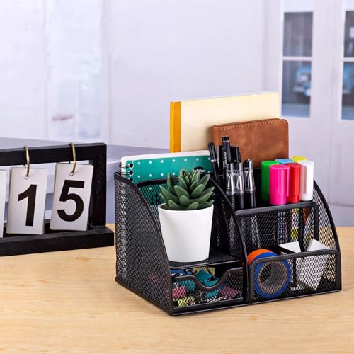 Image of The Better Home Desk Organizer | Metal Mesh Design | 6 Compartments & Small Drawer | Pen & Pencil Holder | Stationery Storage Box | Office & Study Table Organizer | Black