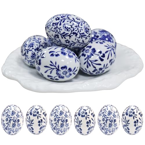 6pcs Ceramic Easter Eggs - Chinoiserie Blue and White Easter Egg Decor for Home Living Room & Office for Christmas Halloween Mothers Day Easter and Housewarming(C)