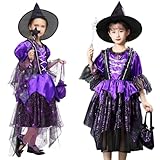 [Diki Home] 魔女 コスプレ ハロウィン 仮装 ウィッチ コスチューム 衣装 子供 女の子 精霊 花の妖精 ドレス 花仙女 3/4点セット こすぷれ 学園祭 文化祭 イベント (紫, 140)