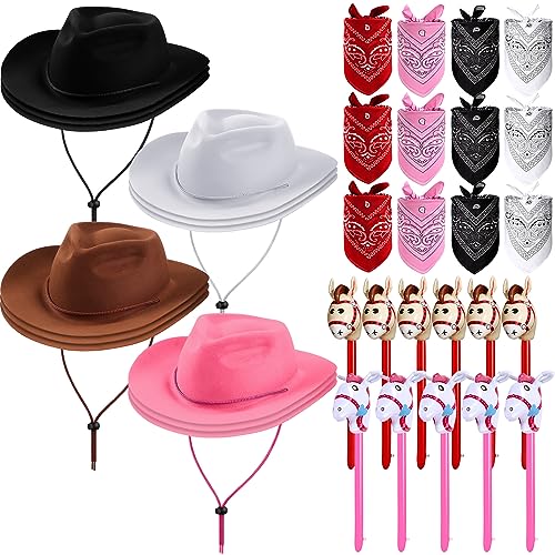 Xtinmee 36 Pcs Cowboy Party Costume Set, Cowboy Hats Paisley Bandanas Inflatable Stick Horses Kids Party Supplies(Eclectic Style,Multicolor)