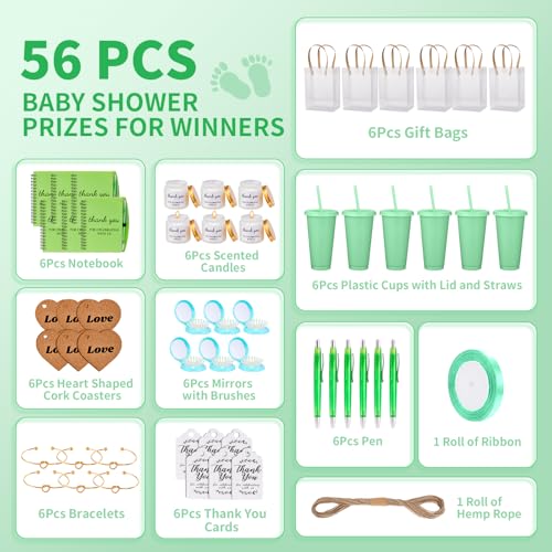 50Pcs Baby Shower Prizes for Game Winners Baby Shower Favors Gifts including Plastic Tumbler Notebook Scented Candles Ballpoint Pen Mirrors with Hair Brushes Bracelet Gift Bag (Green)