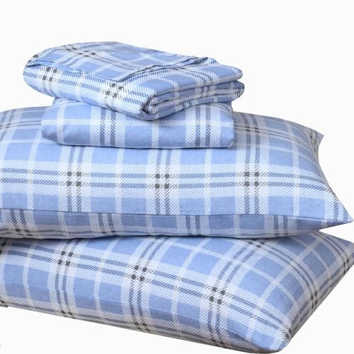Image of Briarwood Home Printed Flannel Sheet Set, 100% Natural Cotton, Soft, Warm & Deep Pocket, Advanced Nano-Tech Making it Resistance to Pilling; Brushed 6 Times for Softness (Blue Plaid, Full)