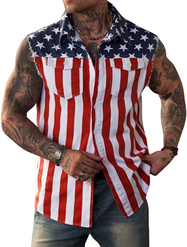 Mainfini Men's American Flag Denim Vest 4th of July Sleeveless Jacket With Pockets (S-XXL)