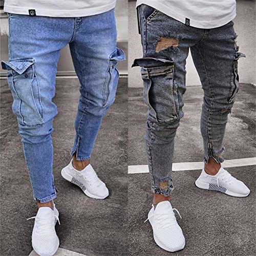 Men's Straight Slim Fit Elastic Ripped Jeans Distressed Stretchy Skinny Jean for Men Tapered Biker Denim Pants Trousers (Medium,Nostalgic Blue F)3