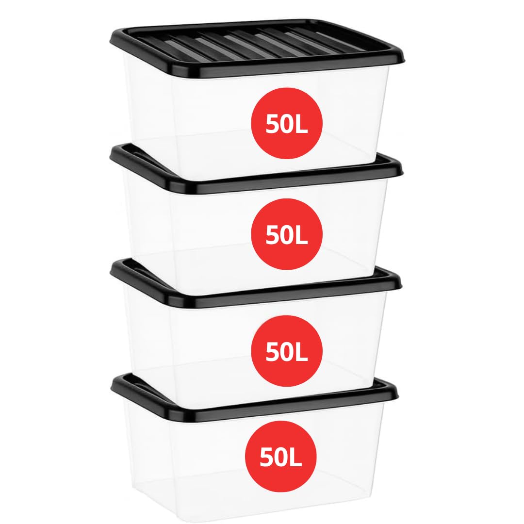 Marco Paul 4 Pack 50L Storage Boxes with Lids Large Plastic Storage Containers Under Bed Storage Bins Home Storage Organiser for Clothes Toys Kitchen Garage Bedroom
