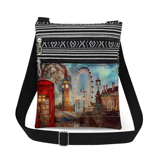London Souvenir Adjustable Shoulder Strap Crossbody Bag Big Ben and Red Phone Box Print Messenger Bag for Travel Lovers Special British Gift for Women's Christmas or Birthday Present​​
