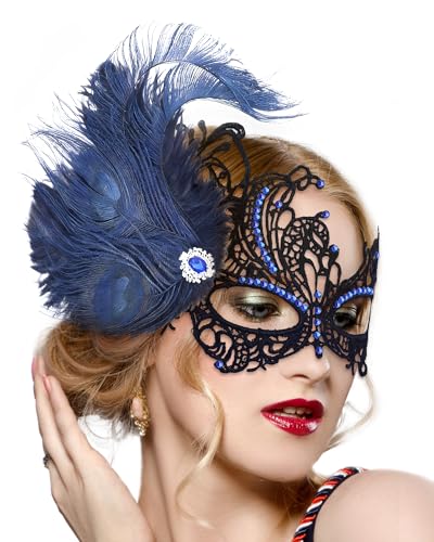 Zinniday Feather Blue Masquerade Mask - Halloween Lace Eyemask with Removable Peacock Feathers 1920s 50s Venetian Party Masks for Women Lady Couples Renaissance Cosplay Prom Dress Up