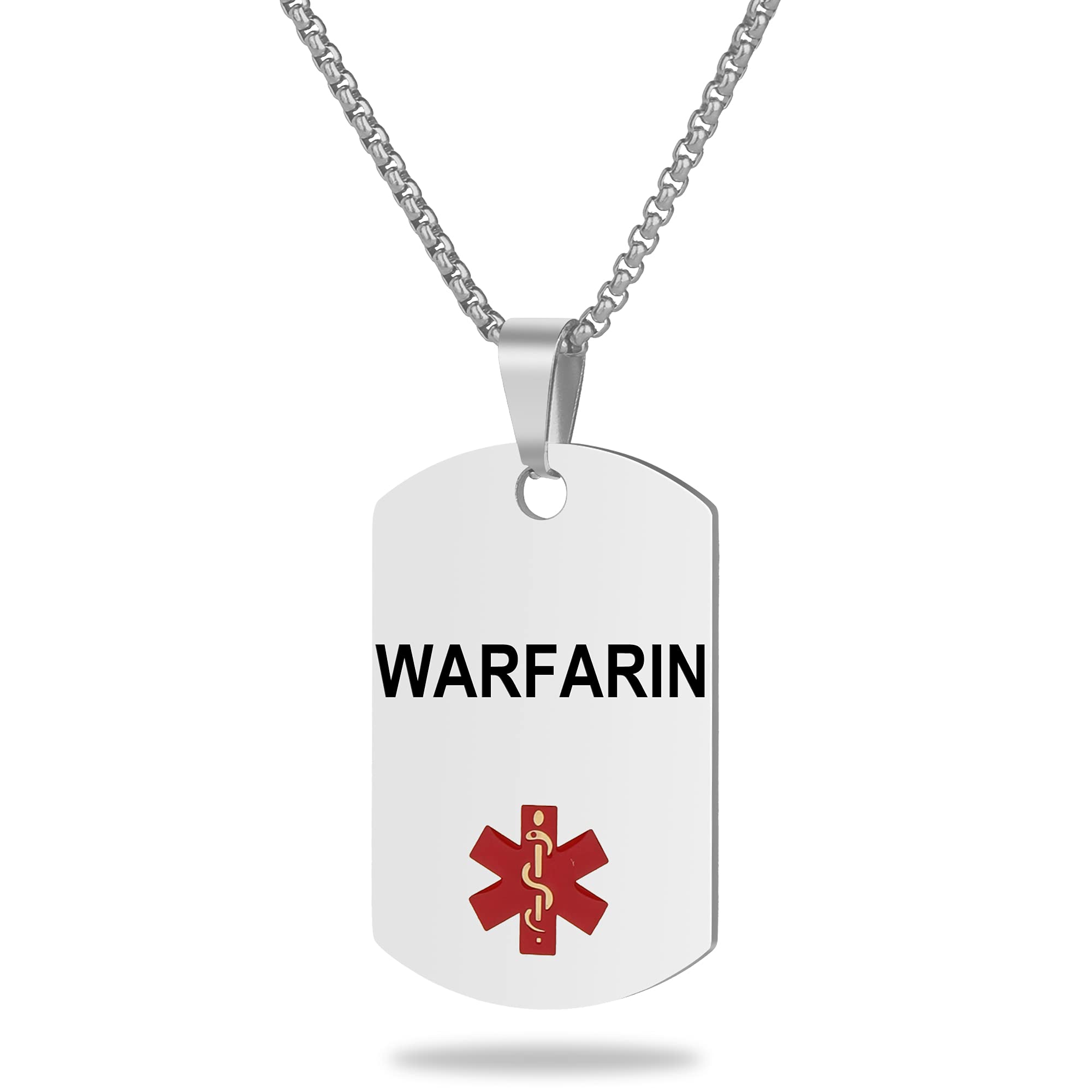 Medical Alert ID Necklace, Laser Engraved WARFARIN, Stainless Steel Tag Pendant with 23.6 inch Chain for Men Women Emergency First Aid