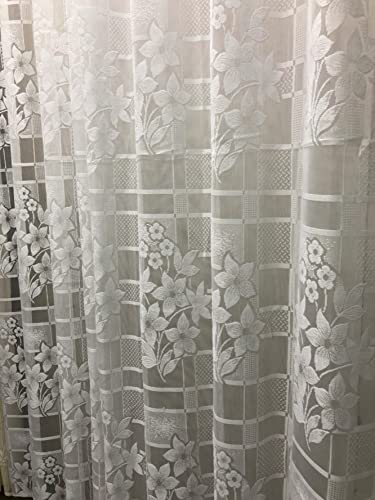Image of Fabrilia Heavy Polyester Net Semi Transparent Fancy Eyelet Curtain, Floral Design, White, Long Door 4 Feet x 9 Feet, Pack of 2 Pcs,Grommet Curtains