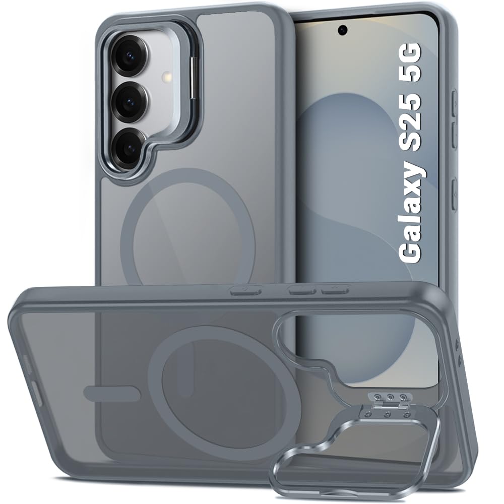 TheGiftKart Hybrid Matte Frosted Back Cover Case for Samsung Galaxy S25 5G | Built-in Stand | Shockproof Hard Case Cover for Samsung Galaxy S25 5G (PC & TPU, MagSafe Compatible, Translucent Grey)