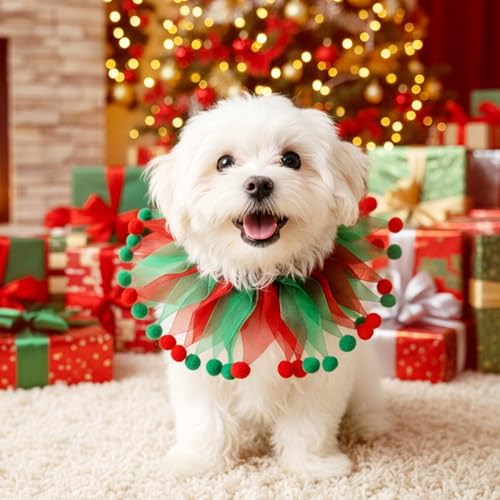 Weihnachten Halsband Hund Katze Elastische Weihnachts Hundehalsband mit Rot Grünem Design Verstellbare Haustierhalsband Kostüm Zubehör für Hund Katze Welpen Kätzchen (S)