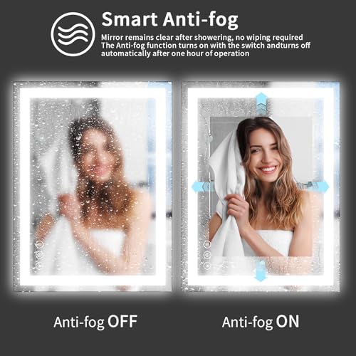 Image of Koonmi 26x38 LED Bathroom Mirror, Backlit + Front Lit, LED Bathroom Mirror with Lights for Wall, 3 Colors, Anti-Fog, Dimmable Brightness, Memory Function, Tempered Glass