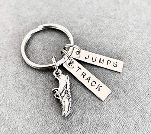 RUN TRACK JUMPS Key Chain - Running Shoe Charm and Hand Stamped TRACK and JUMPS Pendants on Round Key Ring - Track Jumps Events