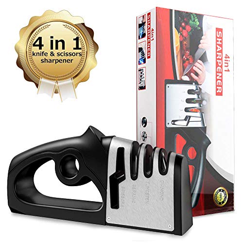 BYETOO Afilador de Cuchillos Profesional, 4 en 1 Knife Sharpener, Afilador Cuchillos Manuales de Cocina de 4 Etapas para Muchos Tipos de Cuchillos y Tijeras,Apto para Uso en Cocina y Exterior.