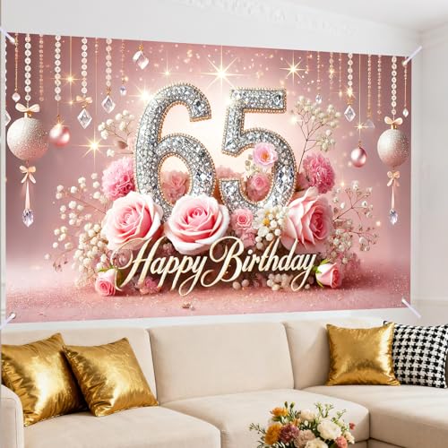 Image of Nuxovilar 65th Birthday Banner - Elegant Pink & Gold Floral Backdrop | with Glitter inch65 inch Sign, 71x43 Inch Large Party Decor for Women & Men, Reusable Indoor /Outdoor Hanging