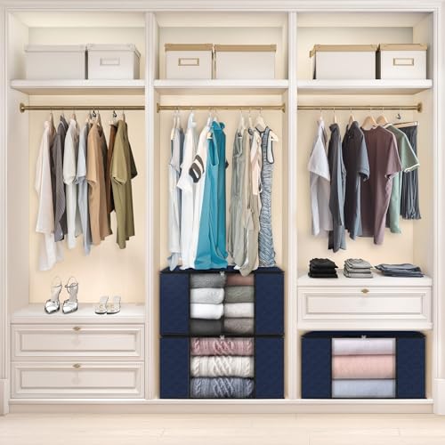 Image of Fab totes Storage Bags,Clothes Blanket Storage Bins Foldable Closet Organizers with Reinforced Handle for Home Dorm Storage and Organization,Fabric Bags for Organizing Sheets,Clothing (Blue,3 Pack)