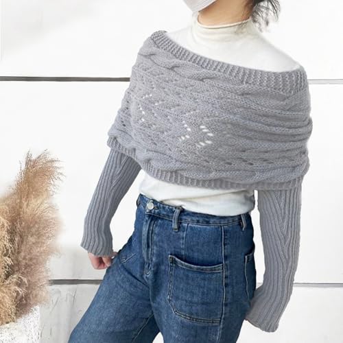 Scarf with Sleeves for Women,Wrap Sweater,Shrugs for Women,Women's Knitted Double Sleeve Scarf,Knitted Cable Wrap(Light Gray)4