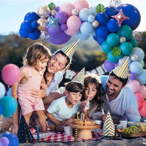 Image of 148pcs Stich Blue Purple Pink Balloon Arch Garland Kit Silver with Palm Leaves Foil Star for Hawaii Tropical Cartoon Summer Pool Theme Party Gender Reveal Decorations (Pack of 2)