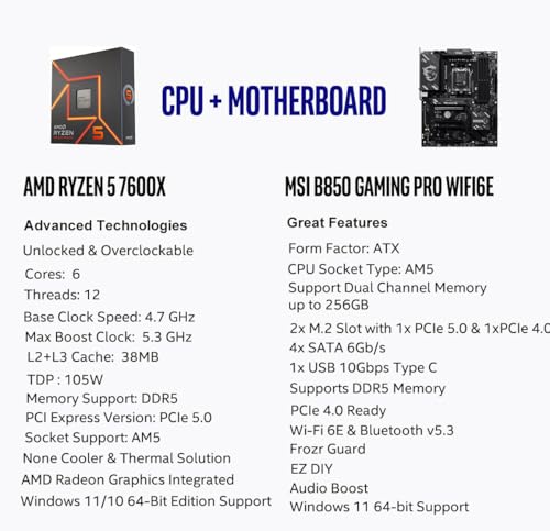 Image of MICRO CENTER AMD Ryzen 5 7600X CPU Processor with MSI B850 Gaming PRO WIFI6E Motherboard (ATX, AM5, DDR5, M.2 Gen5, Wi-Fi 6E)