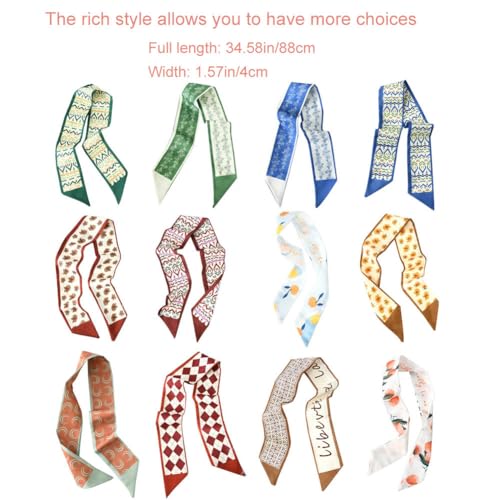 12 Pack Floral Scarf for Bags Handbag Handle Narrow Ribbon Satin Neck Scarf Neckerchief Headbands Hair Scarf3