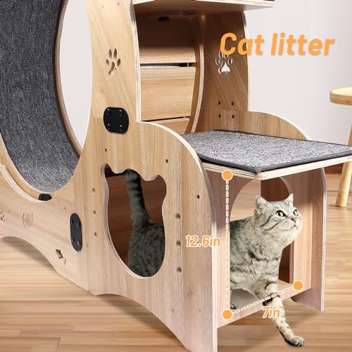 Rovibek Cat Exercise Wheel Indoor, 4 in 1 Cat Running for Indoor, Litter Fitness Wheels with Climbing Ladders and Bowls, Silent Roller, Solid Wood