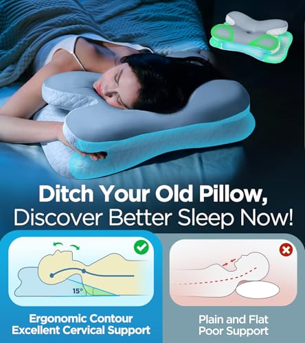 Image of Osteo Enjoy Pain Relief Sleeping Cervical Neck Pillow, Ergonomic Contour Zoned Fits Side Sleeper, Non-Temperature Affected Memory Foam Pillows, Q-max Cooling Pillow Support Back Stomach Sleepers