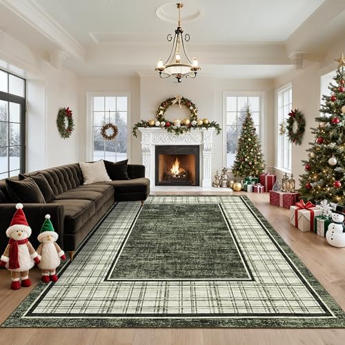 GarveeHome Washable Christmas Rugs for Living Room 9x12 Ultra Soft Non-Slip Checkered Rugs Modern Low Pile Stain Resistant Accent Carpet for Living Room, Bedroom & Laundry Room Home Decor, Green