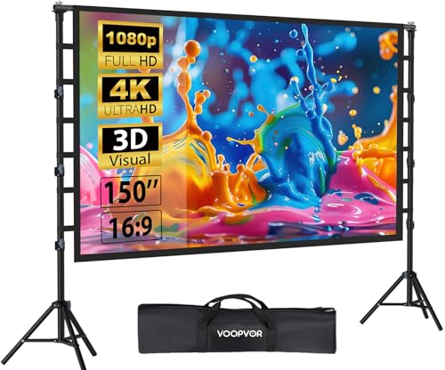 VOOPVOR Outdoor Beamer Leinwand mit Stativ 150 Zoll: Tragbare Projektionsleinwand 16:9 4K HD, Kinoleinwand für Innen/Außen, mit Tragetasche & höhenverstellbarem Stand für...
