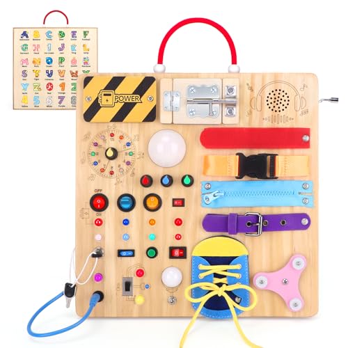 Sensory Toys Busy Board Games, Montessori Toys for 1+ Year Old, Wooden Toddler Travel Boys Toys (Busy Board Plus V3)