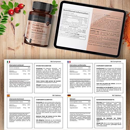 VITAMIN C mit HAGEBUTTE - 2000 mg (1000 mg Vit C & 1000 mg Hagebuttenextrakt) x 180 TABLETTEN - 6 MONATE VORRAT! Artikelnummer: ROSEC3