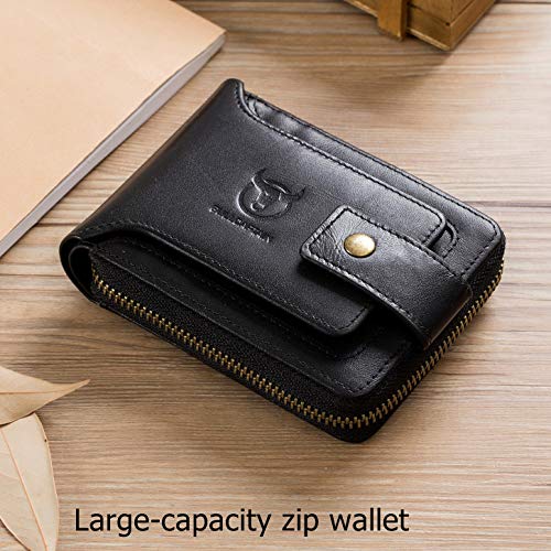 BULLCAPTAIN Men Zipper Around Wallet Genuine Leather RFID Blocking Bifold Large Capacity Coin Purse with ID Window (Black)3