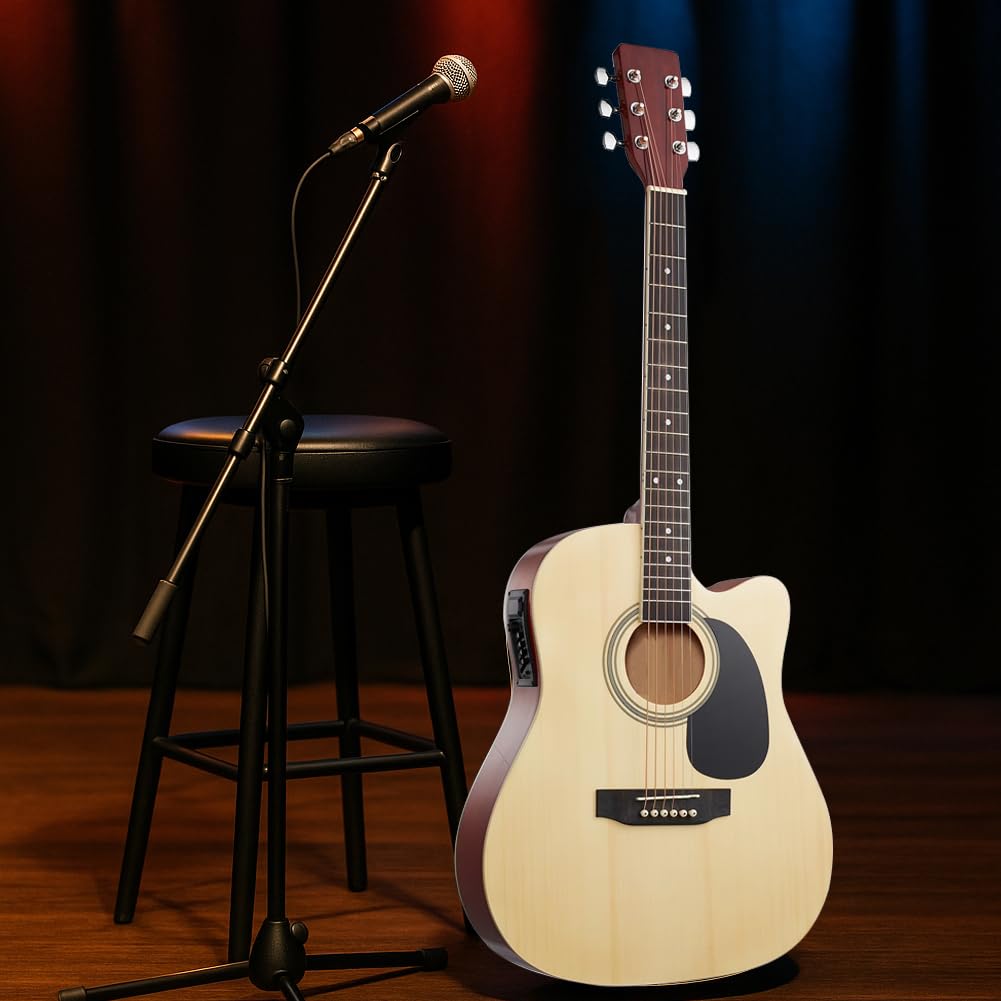 BAKAJI Guitare électro-acoustique 41 pouces avec étui, kit de rechange cordes, médiators, câble pour amplificateur et bandoulière, guitare folk forme cutaway pour adultes et débutants (natural)