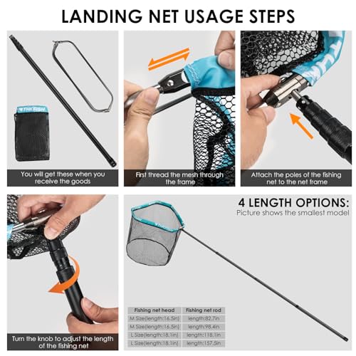 THKFISH Carbon Fiber Fishing Net Long Handle, Portable Telescopic Landing Net 27 to 157.5 Inch Long Fishing, Aluminum Mesh Frame Rubber Coated Net,Premium Landing Net Designed for Fishing