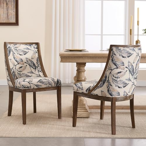 DM Furniture Farmhouse Dining Room Chairs Set of 2 Wooden Side Chairs with Curved Backrest and Solid Wood Frame Linen Fabric Upholstered Kitchen Chairs for Lving Room/Restaurant, Floral
