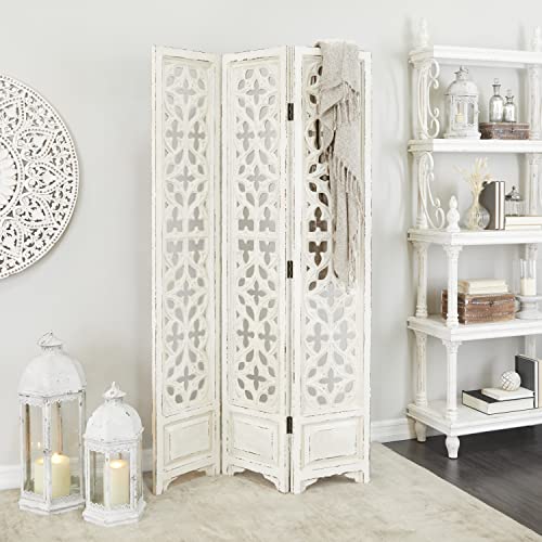 Deco-79-Wood-Floral-Hinged-Foldable-Partition-3-Panel-Room-Divider-Screen-with-Intricately-Carved-Designs-45-x-1-x-75-White Deco 79 Wood Floral Hinged Foldable Partition 3 Panel Room Divider Screen with Intricately Carved Designs 45 x 1 x 75 White